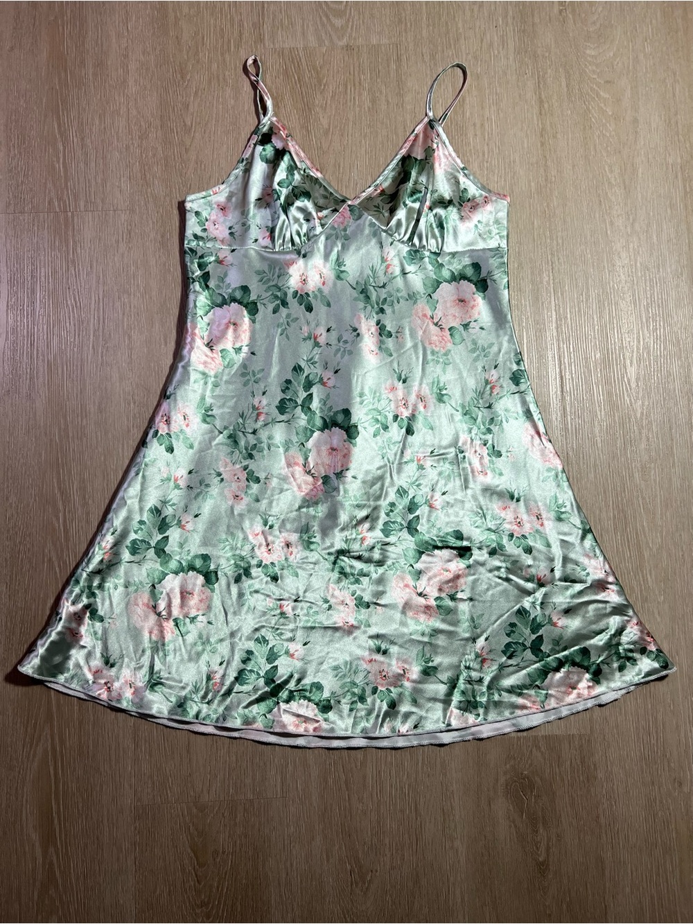 Silk-Feel Green Floral Women’s Slip Nightdress with Pink Blooms